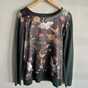 Investments Y2K Bird Floral Mixed Media Sweater Top XL Nature Print